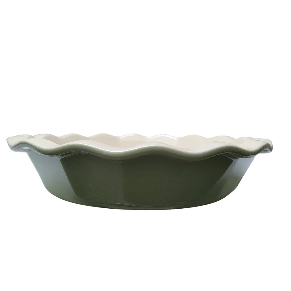 Emile Henry Williams Sonoma Pie Dish Sage Green Cream Excellent Ruffled 10.5